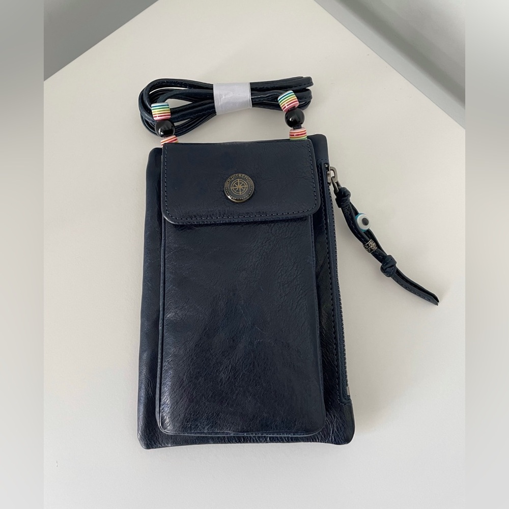 Blue Leather Crossbody Phone Bag with Beaded Strap